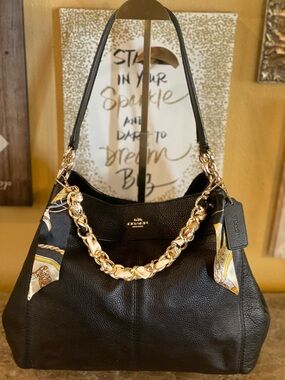 COACH Lexy Black Pebbled Leather Shoulder Bag WITH UNBRANDED Bag Chain Scarf Tie